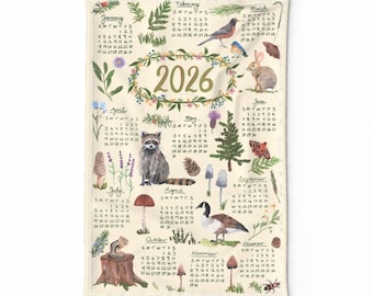 2026 Calendar Tea Towel - 2026 Calendar by dasbrooklyn - Woodland Animals Raccoon Pine Forest Linen Cotton Canvas Tea Towel by Spoonflower