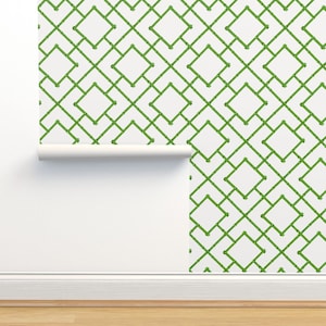 Bamboo Trellis Non-Pasted Wallpaper - Osaka Trellis by willowlanetextiles - Kelly Green White  Wallpaper Double Roll by Spoonflower