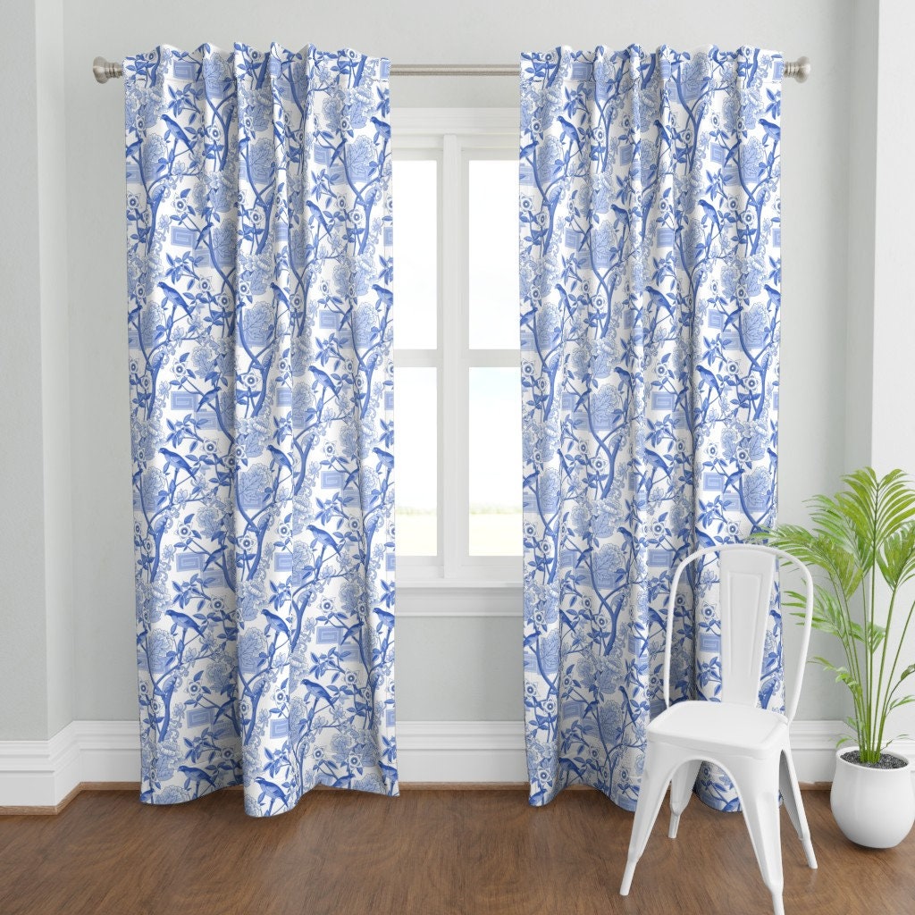 Blue and White Curtain Panel Parrots and Peonies Chinoiserie - Etsy