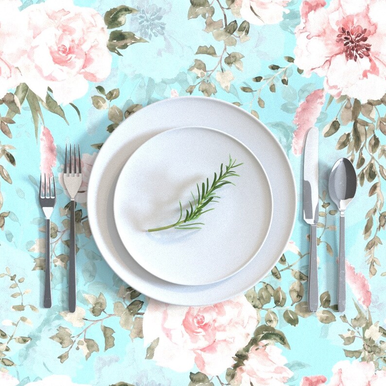 Lush Greenery And Florals On Turquoise by utart Cottage Roses Farmhouse Cotton Sateen Tablecloth by Spoonflower Romantic Tablecloth