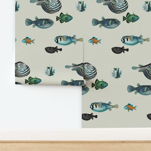 Shoal Of Fish Non-Pasted Wallpaper Victorian Nautical Coastal Marine  - Acquario by delinda_graphic_studio Wallpaper by Spoonflower