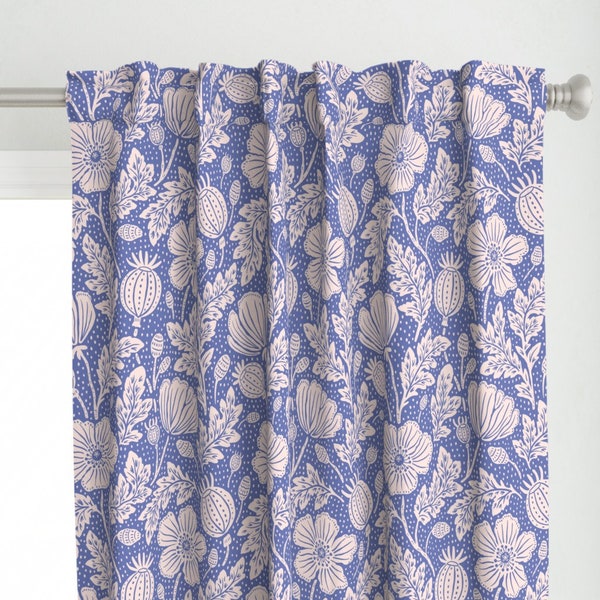 Periwinkle Floral Curtain Panel - Victorian Poppies by de_koro - Pale Pink Beige Arts And Crafts Custom Curtain Panel by Spoonflower