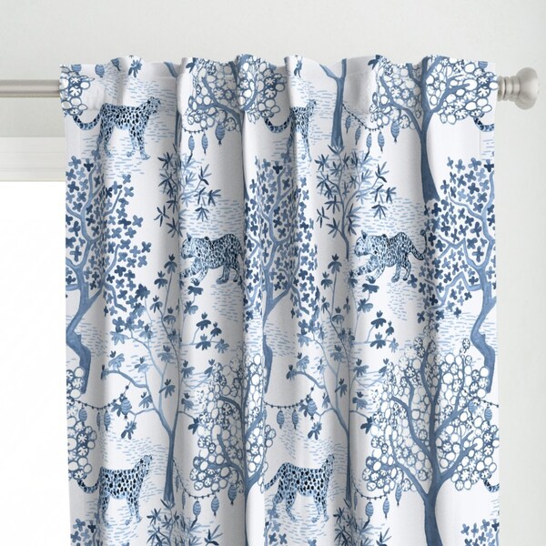 Leopard Chinoiserie Curtain Panel - Large Leopard Toile by danika_herrick - Vintage Style Blue And White Custom Curtain Panel by Spoonflower