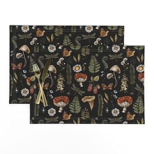 Woodland Placemats (Set of 2) - Mushrooms On Black by depiano - Fern Moth Dragonfly Mushroom Wildflowers Cloth Placemats by Spoonflower