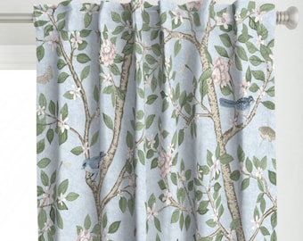 Traditional Peony Curtain Panel - Chinoiserie Pale Soft Blue Grandmillenial Custom Curtain Panel - Soft Blue Garden by danika_herrick -