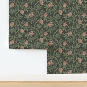 Moody Pomegranate Non-Pasted Wallpaper - Block Print Pomegranate  by apostrofodesign - Modern Botanical Wallpaper Double Roll by Spoonflower