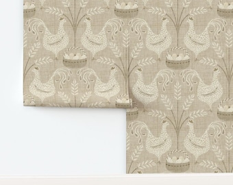 Cottage Chickens Non-Pasted Wallpaper Vintage Farmhouse Rustic Linen Look Beige - Vintage Chickens by virginiao Wallpaper by Spoonflower