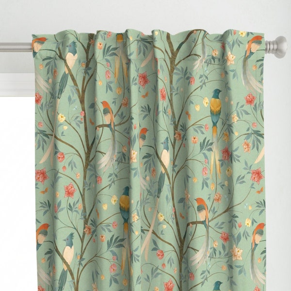 Chinoiserie Curtain Panel - Sanctuary Celadon by silver_steer_design - Bird Of Paradise Mint Aqua  Custom Curtain Panel by Spoonflower