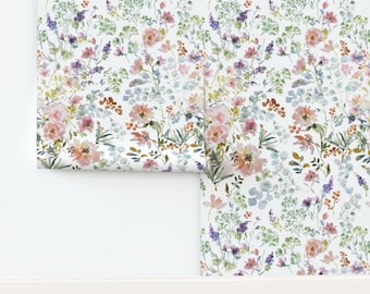 Watercolor Floral Non-Pasted Wallpaper Elegant Boho Soft Pastel Flowers - Garden With Berries by susan_magdangal Wallpaper by Spoonflower