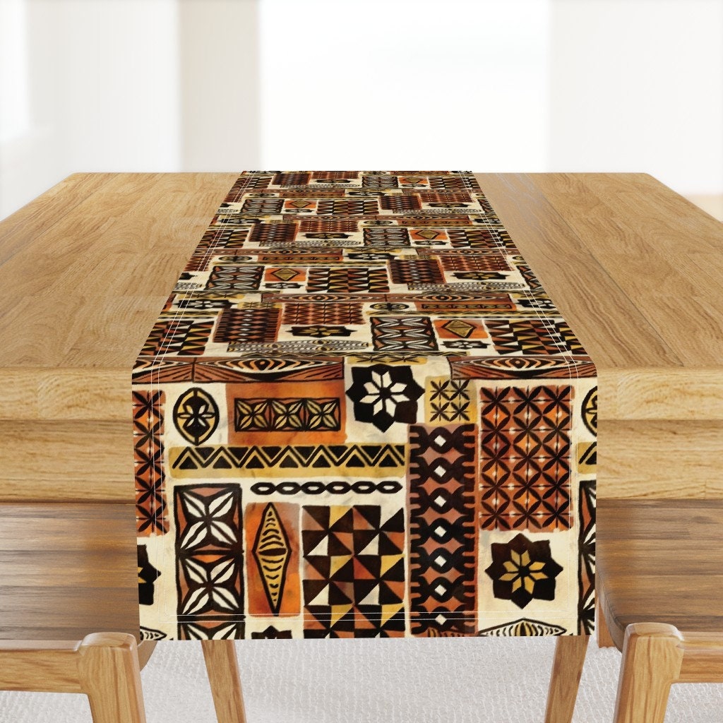 Polynesian Table Runner - Hawaiian Tapa Orange Red Yellow Old Rust