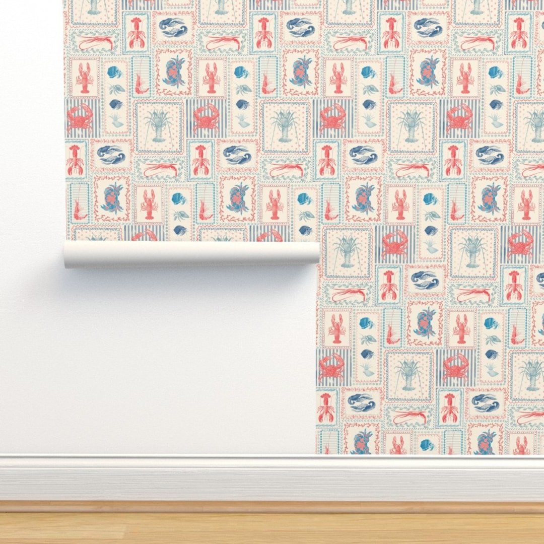 Coastal Patchwork Non-pasted Wallpaper Cream Blue Red Stripes ...
