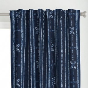 Indigo Batik Curtain Panel - Indigo Shibori Stripes by lolahstudio - Floral Stripes Tropical Shibori Custom Curtain Panel by Spoonflower