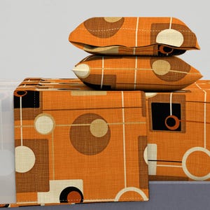 Mid Century Modern Sheets - Orbs And Squares by chicca_besso - Vintage Inspired Orange Black Cotton Sateen Sheet Set Bedding by Spoonflower
