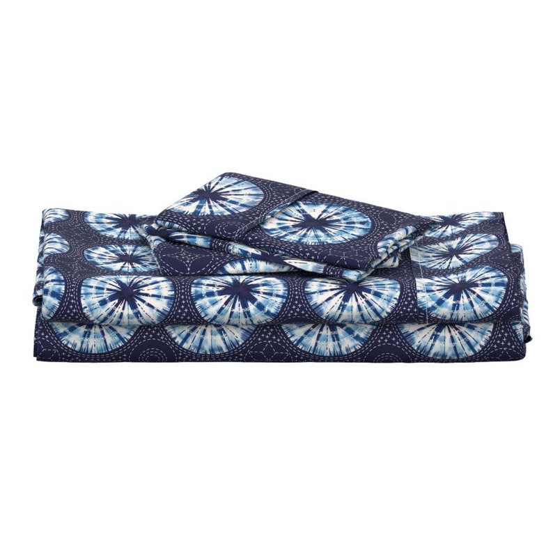 Indigo Shibori Japanese Inspired Cotton Sateen Sheet Set Bedding by Spoonflower Sashiko Print Sheets Shibori Sashiko by cerigwen