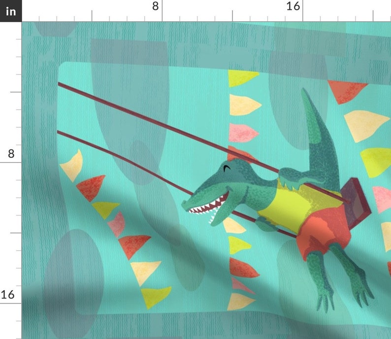 May include: A green alligator wearing a yellow shirt and red shorts is swinging on a swing set against a turquoise background with colorful flags.