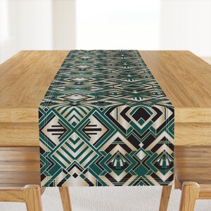 Art Deco Table Runner - Emerald Green Geometric Gold Shapes 1920s Fancy Retro Cotton Sateen Table Runner - Roaring Twenties by diseminger