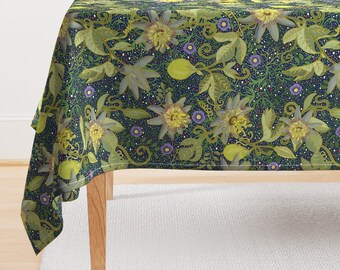 Floral Vines Tablecloth - Lilikoi Passion Fruit by hnldesigns - William Morris Style Tropical Cotton Sateen Tablecloth by Spoonflower