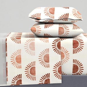 Terra Cotta Rust Sheets - Sunshine Block Print by littlearrowdecor - Dusty Pink Woven Look Cotton Sateen Sheet Set Bedding by Spoonflower