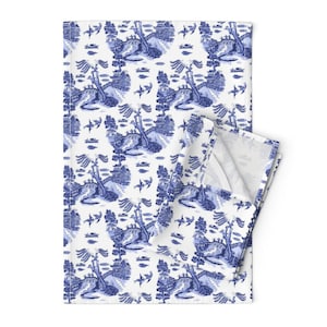 Traditional Tea Towels (Set of 2) - Blue Chinoiserie by leroyj - Chinoiserie Blue And White Pagoda Linen Cotton Tea Towels by Spoonflower