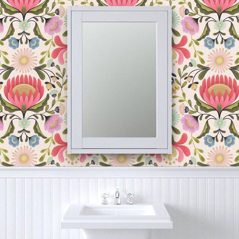 Folk Art Floral Wallpaper Maximalist Folk Flowers by Etsy