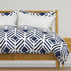 Indigo Watercolor Bedding - Geo Stripe Indigo by crystal_walen - Geometric Cotton Sateen Duvet Cover OR Pillow Shams by Spoonflower