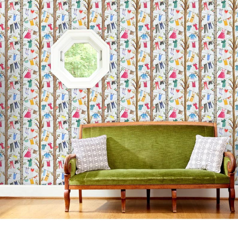 Whimsical Non-pasted Wallpaper Laundry Clothes Trees Home ...