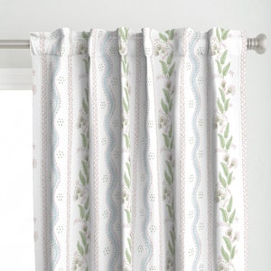 Floral Stripe Curtain Panel - Emma Stripe Light by danika_herrick -  Cottagecore Grandmillennial Green Custom Curtain Panel by Spoonflower