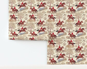 Horses Non-Pasted Wallpaper Hunting Fox Hunt Toile - Equestrian Countryside Toile by whimsical_brush Wallpaper Double Roll by Spoonflower