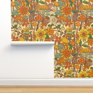 Vintage Hippy Floral Commercial Grade Wallpaper - Toadstools & Flowers  by kimmygowland - Earth Tones  Wallpaper Double Roll by Spoonflower