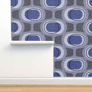 Mid Century Modern Non-Pasted Wallpaper - Tweedy Orbs Indigo by ottomanbrim - Faux Textured Atomic Era  Wallpaper Double Roll by Spoonflower
