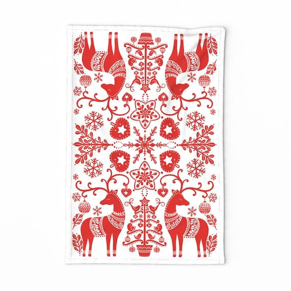 Folk Art Geschirrtuch - Skandinavische Weihnachten von jennifernichols - Weihnachten Urlaub Skandinavien Leinen Baumwolle Geschirrtuch von Spoonflower