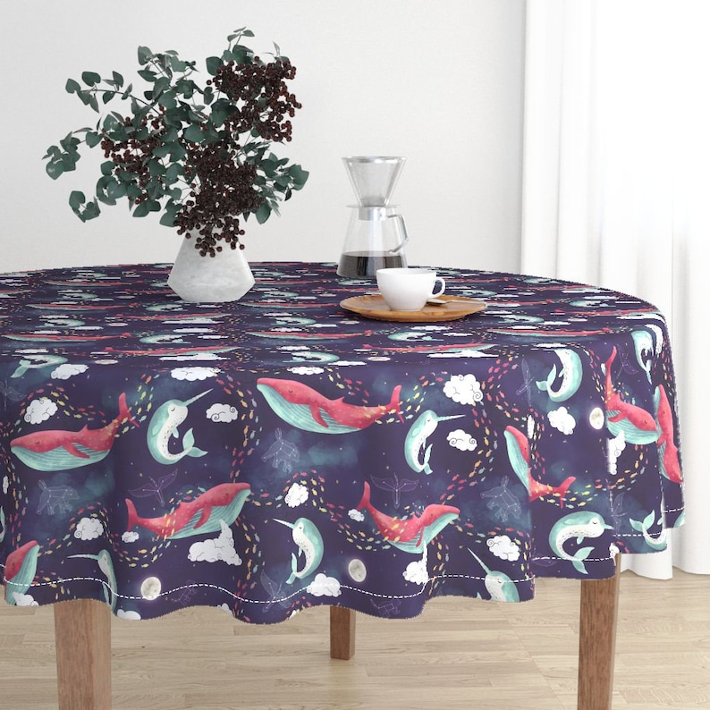 Constellations Round Tablecloth Dream Whale by littleknids Nautical Ocean Space Stars Cotton Sateen Circle Tablecloth by Spoonflower