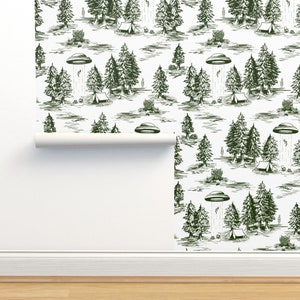 Alien Toile Tapete ohne Kleister - Alien Abduktion Toile De Jouy von somecallmebeth - Green Space Alien Wallpaper Double Roll von Spoonflower