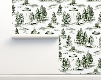 Alien Toile vliesbehang Green Space Alien - Alien Abduction Toile De Jouy door somecallmebeth Wallpaper Double Roll van Spoonflower