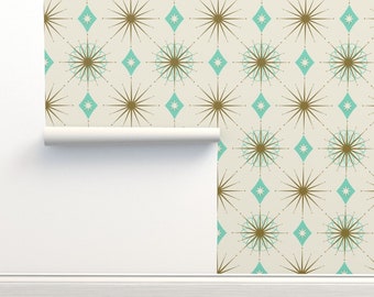 Retro Non-Pasted Wallpaper Diamond 1950s Starburst Mid-century - Starburst Aquarelle by curiouslondon Wallpaper Double Roll by Spoonflower