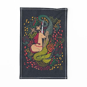 Magical Fairytale Tea Towel - The Mermaid And The Unicorn by ceciliamok - Mythical Fantasy  Linen Cotton Canvas Tea Towel by Spoonflower