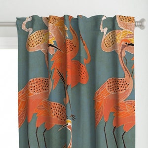 Orange Cranes Curtain Panel - Art Deco Cranes Coral by shellyturnerdesigns - Chinoiserie Vintage Asian  Custom Curtain Panel by Spoonflower