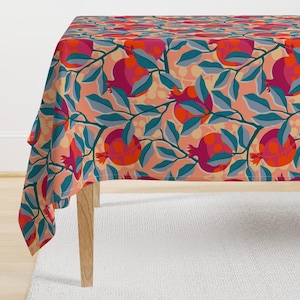 Pink Tablecloth - Retro Pomegranate by heidi-abeline - Blue Peach Retro Orange Fruit Home Decor Bold Cotton Sateen Tablecloth by Spoonflower