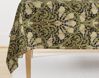 Art Nouveau Tablecloth - Floral Lilies by geetanjali - William Morris Style Cream Antique Green Cotton Sateen Tablecloth by Spoonflower