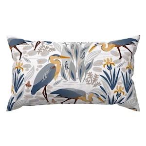 Bird Lumbar Pillow - Orange Fish Gray Pond Iris Lake Heron Wildlife Rectangle Accent Throw Pillow - Fishing Heron And Irises  by boszorka