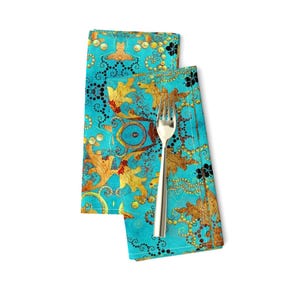 Autumn Dinner Napkins (Set of 2) - Fall Beauty by floramoon - Brocade Look Gold Turquoise Blue Leaves Sfaut15 Cloth Napkins by Spoonflower