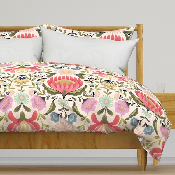 Folk Art Floral Bedding - Maximalist Folk Flowers by garabateo - Large Scale Cotton Sateen Duvet Cover OR Pillow Shams by Spoonflower