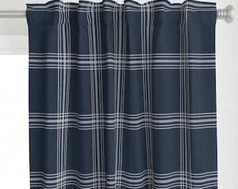 Simple Blue Plaid Curtain Panel - Windowpane Check Large Scale Farmhouse Rustic Custom Curtain Panel - Windowpane Plaid by devondesignco -