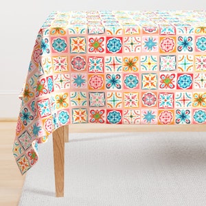 Spanish Tile Tablecloth - Pastel Rose Tile by miraparadies - Folk Art Hand Painted Watercolor Cotton Sateen Tablecloth by Spoonflower
