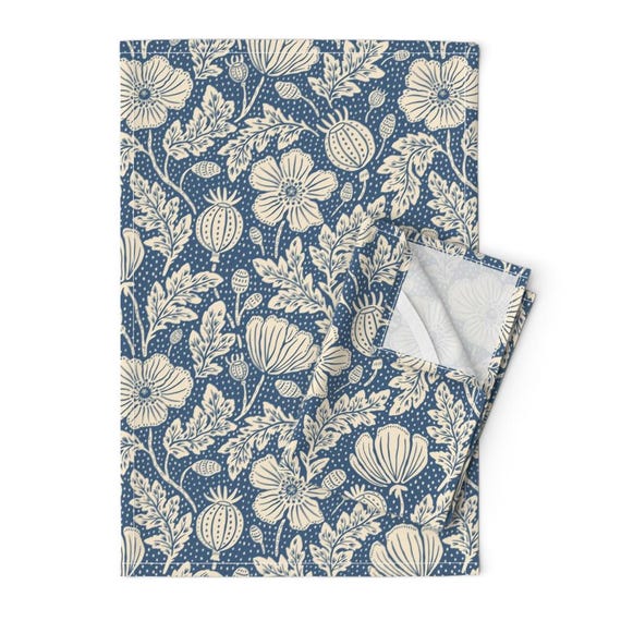 Cream and Blue Patterned Cotton Kitchen Tea Towels Cream and Blue Patterned Cotton Kitchen Tea Towels