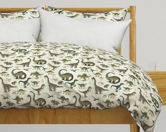 Olive Green Dinos Bedding - Dinosaurs by katherine_quinn - Watercolor Dinosaur Cotton Sateen Duvet Cover OR Pillow Shams by Spoonflower