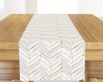 White Table Runner - Chevron Painted White Gold by crystal_walen - Stripe Gold Mod Herringbone Cotton Sateen Table Runner by Spoonflower
