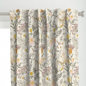 Cottage Garden Curtain Panel - Botanical Weeds by garabateo - Pastel Mustard Gold Vector Art Botanical Custom Curtain Panel by Spoonflower