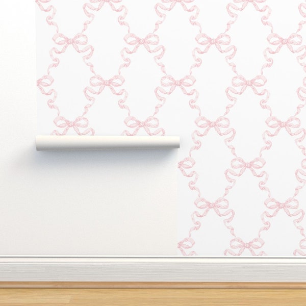 Pink Trellis Commercial Grade Wallpaper - Hannah Ribbon by danika_herrick - Ribbons Feminine Ballet Wallpaper Double Roll by Spoonflower