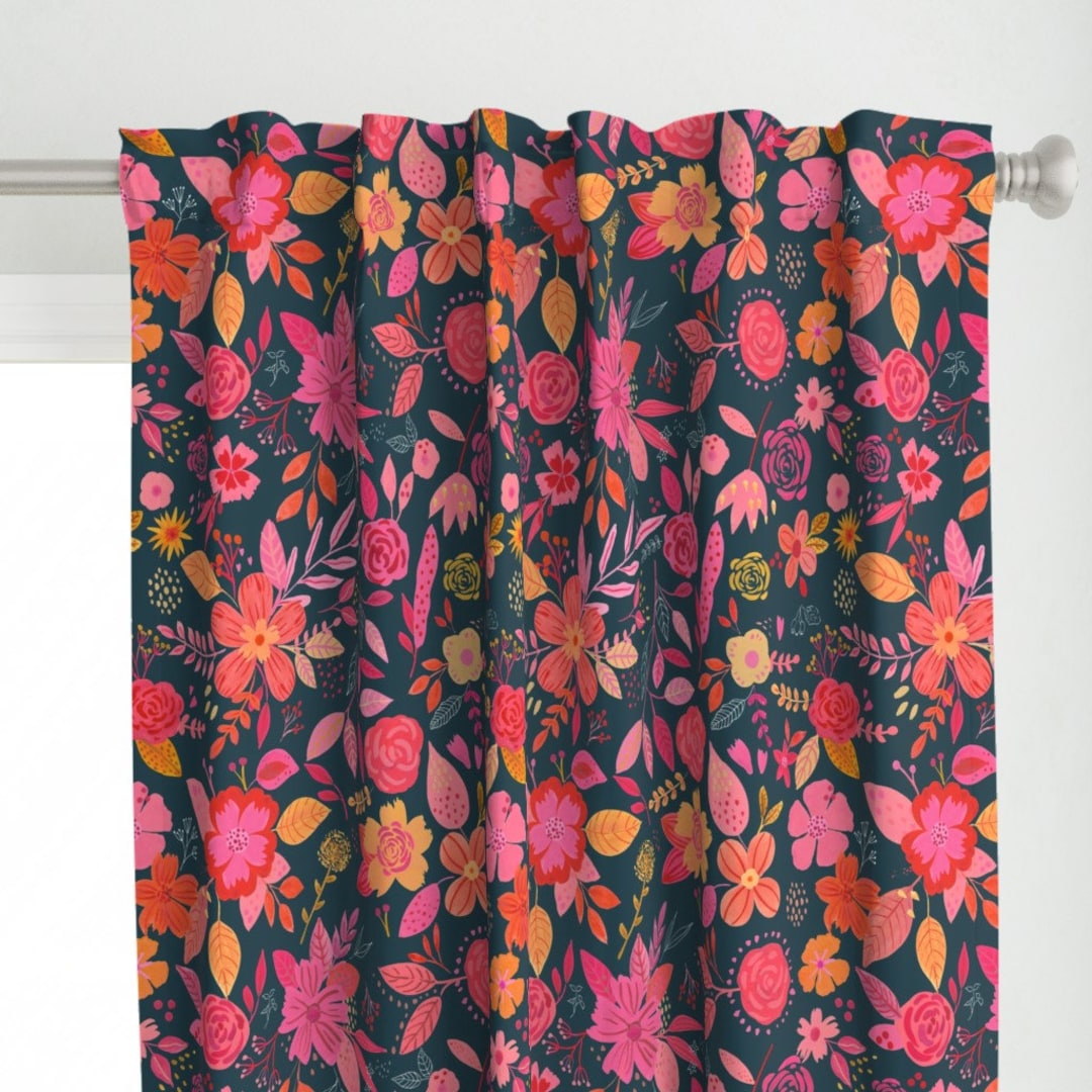 Bright Pink Floral Curtain Panel Botanical Blossom by - Etsy